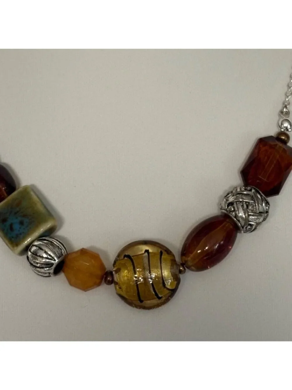 Multicolor Mixed Beaded Necklace Silver Tone Chain Brown Green Silver 17-20 in